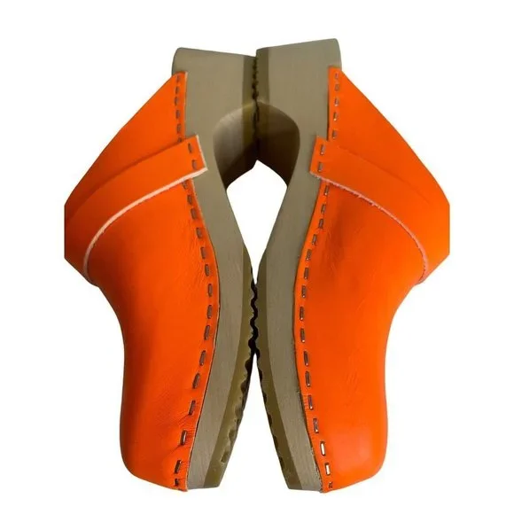 Free People Swedish Hasbeens X FP Husband Clog Neon Orange Size 37 US 6.5 NEW - Picture 7 of 9